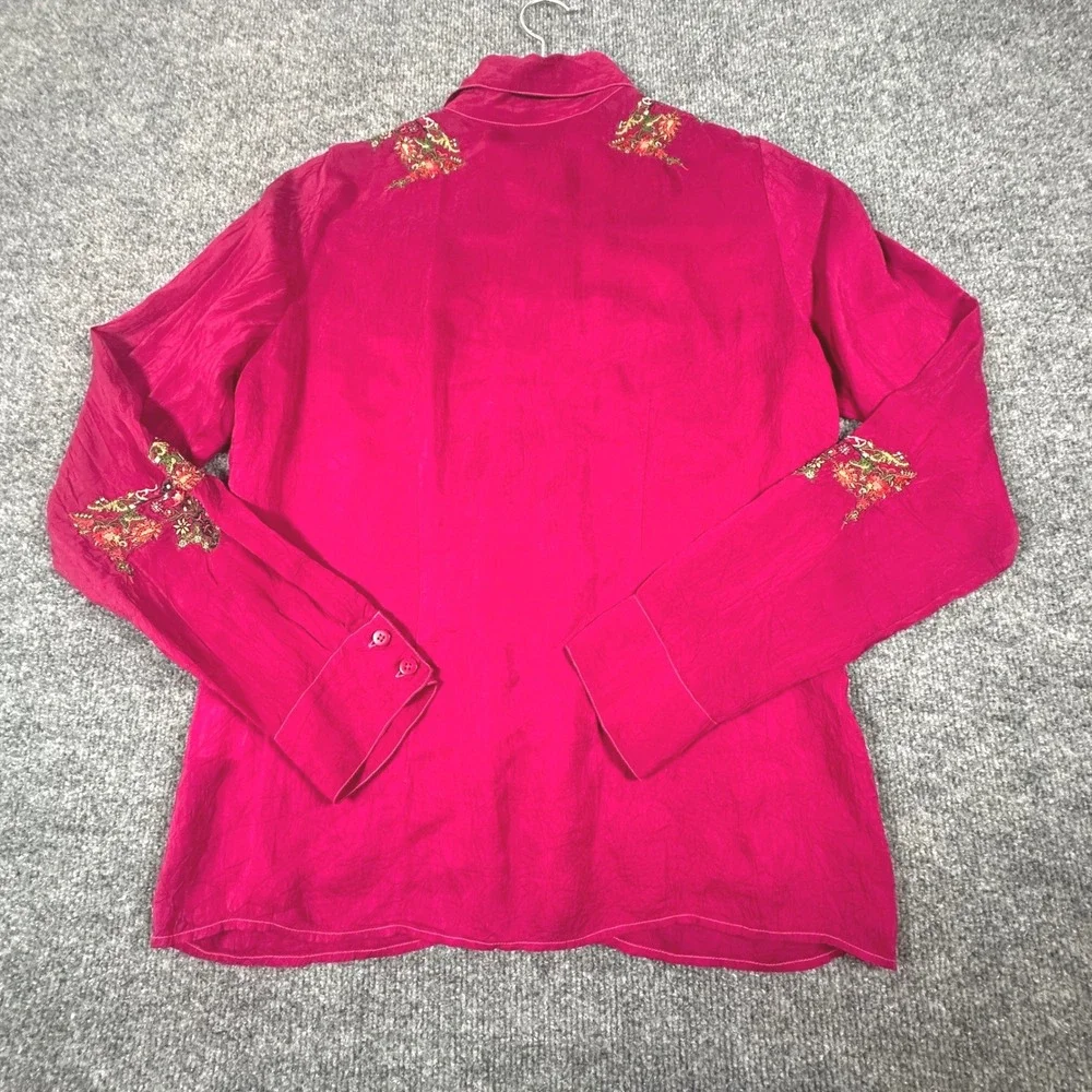 Johnny Was Magenta Pink Embroidered Rayon Button‎ Down Shirt Boho Floral Top